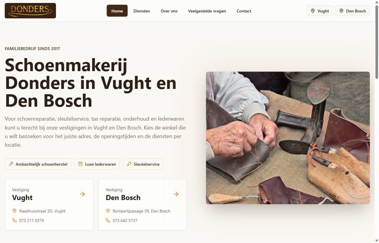 Screenshot van de homepage van Schoenmakerij Donders.