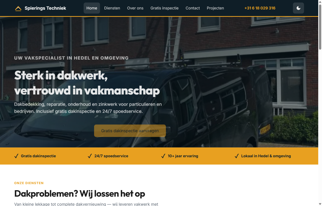 Screenshot van de homepage van Spierings Techniek.