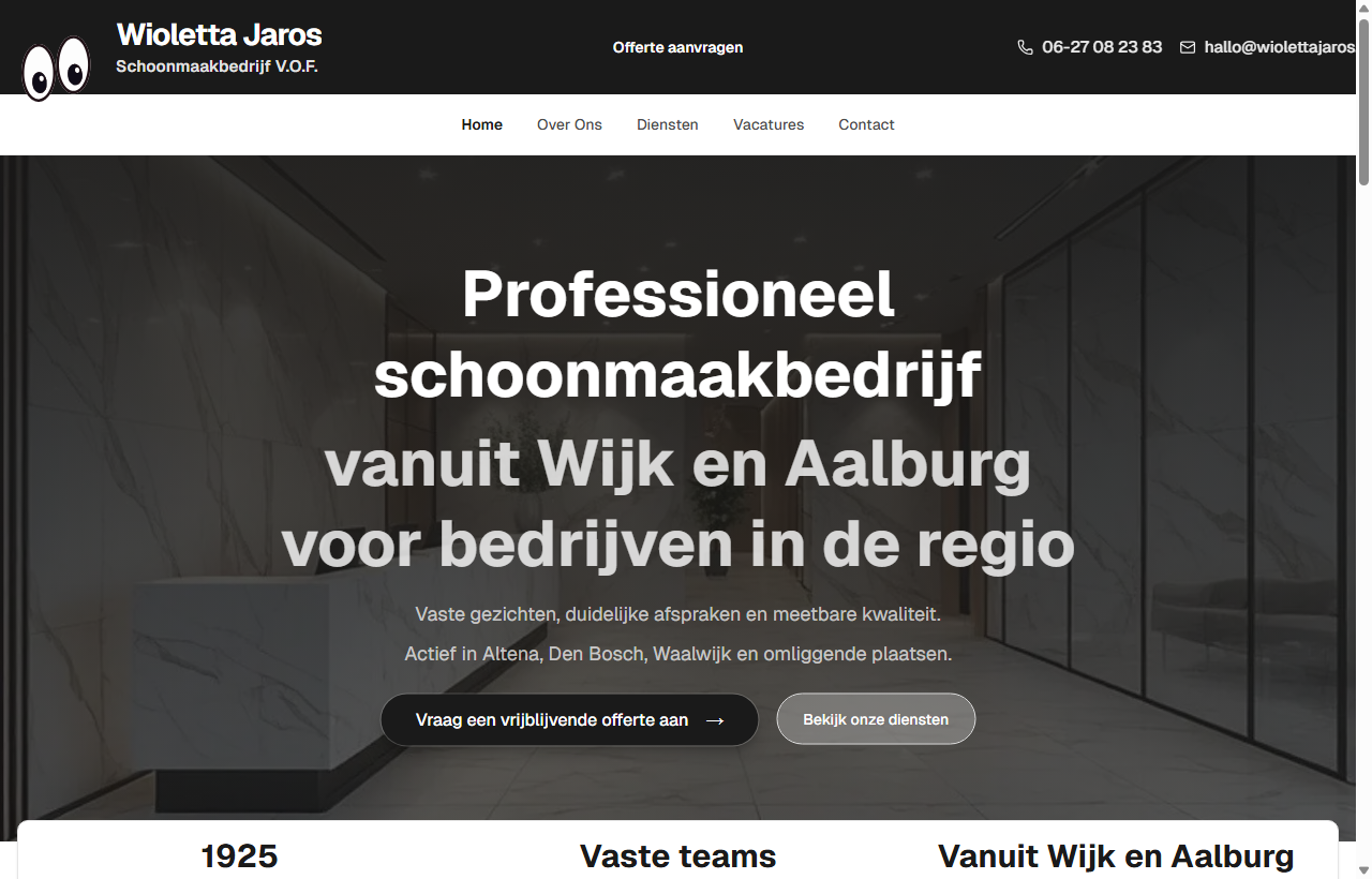 Screenshot van de homepage van Wioletta Jaros Schoonmaakbedrijf.