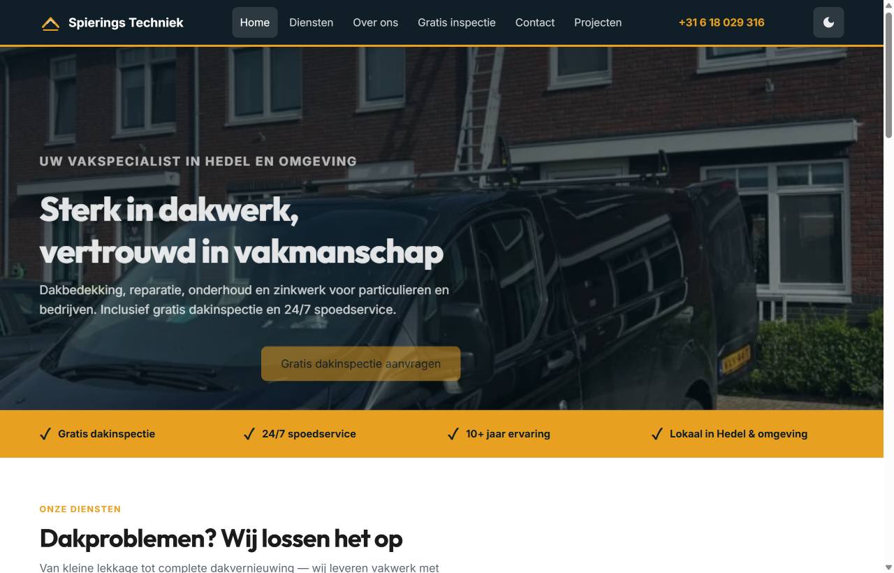 Screenshot van de homepage van Spierings Techniek.